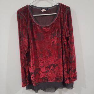 Velvet Burnout Womens Top Size XL Red Black Floral Whimsigoth Vamp Art To Wear